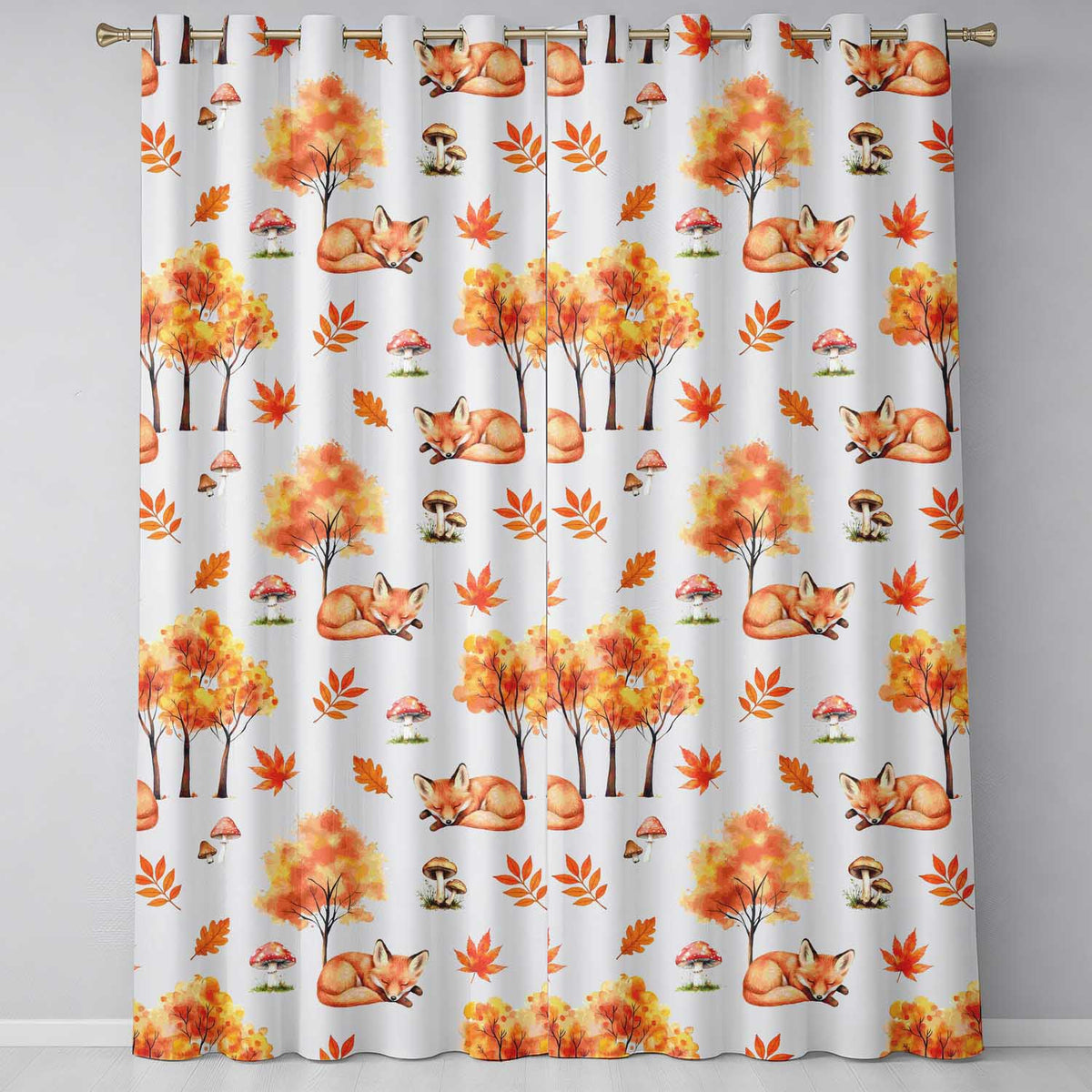 Cute Autumn Fox Leaves Mushrooms Watercolor Grey Background Seamless Pattern  Readymade Eyelet Ring Top Thermal 100% Blackout Curtains