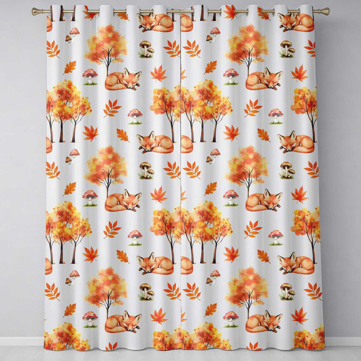 Cute Autumn Fox Leaves Mushrooms Watercolor Grey Seamless Pattern  Readymade Eyelet Ring Top Thermal 100% Blackout Curtains