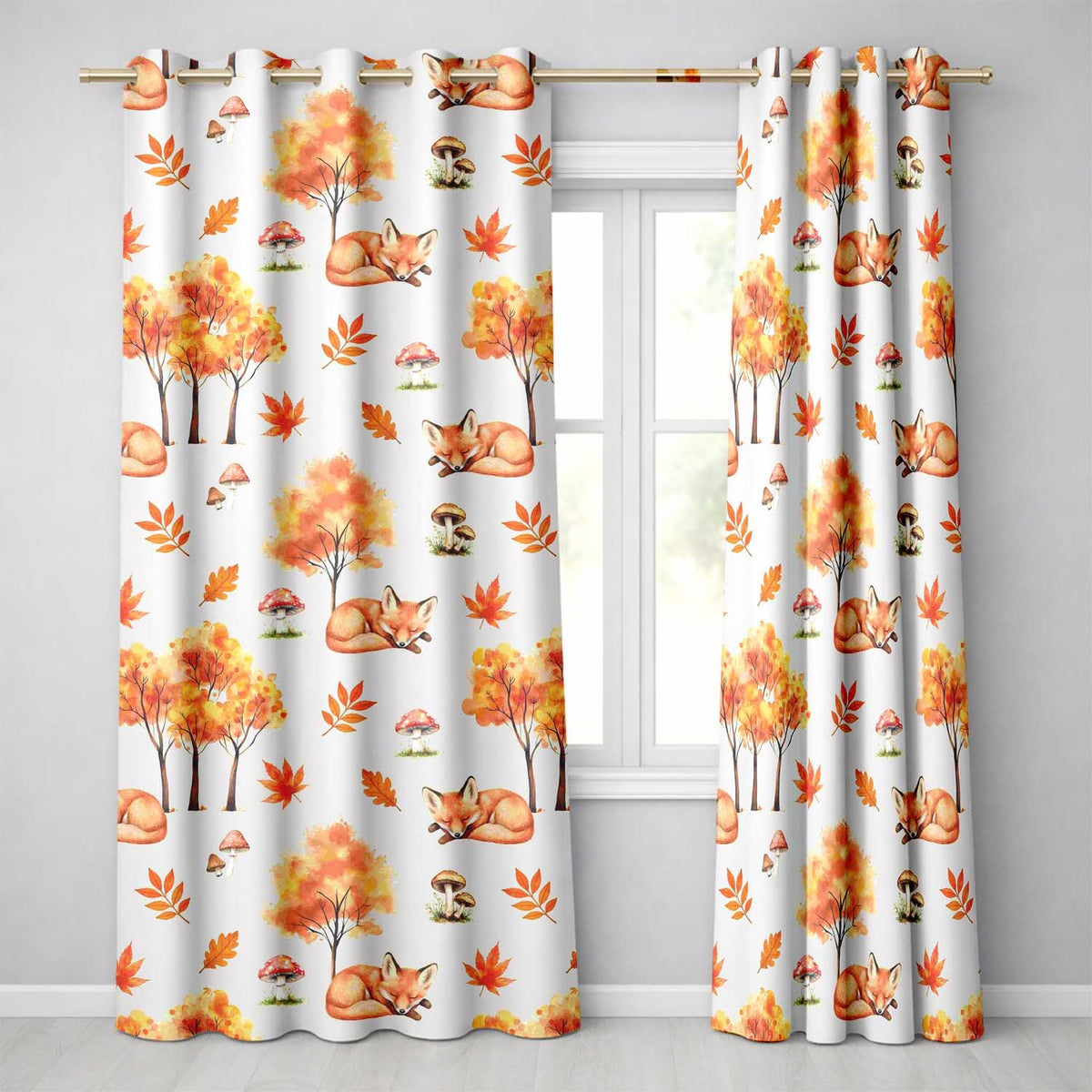 Cute Autumn Fox Leaves Mushrooms Watercolor Grey Seamless Pattern  Readymade Eyelet Ring Top Thermal 100% Blackout Curtains