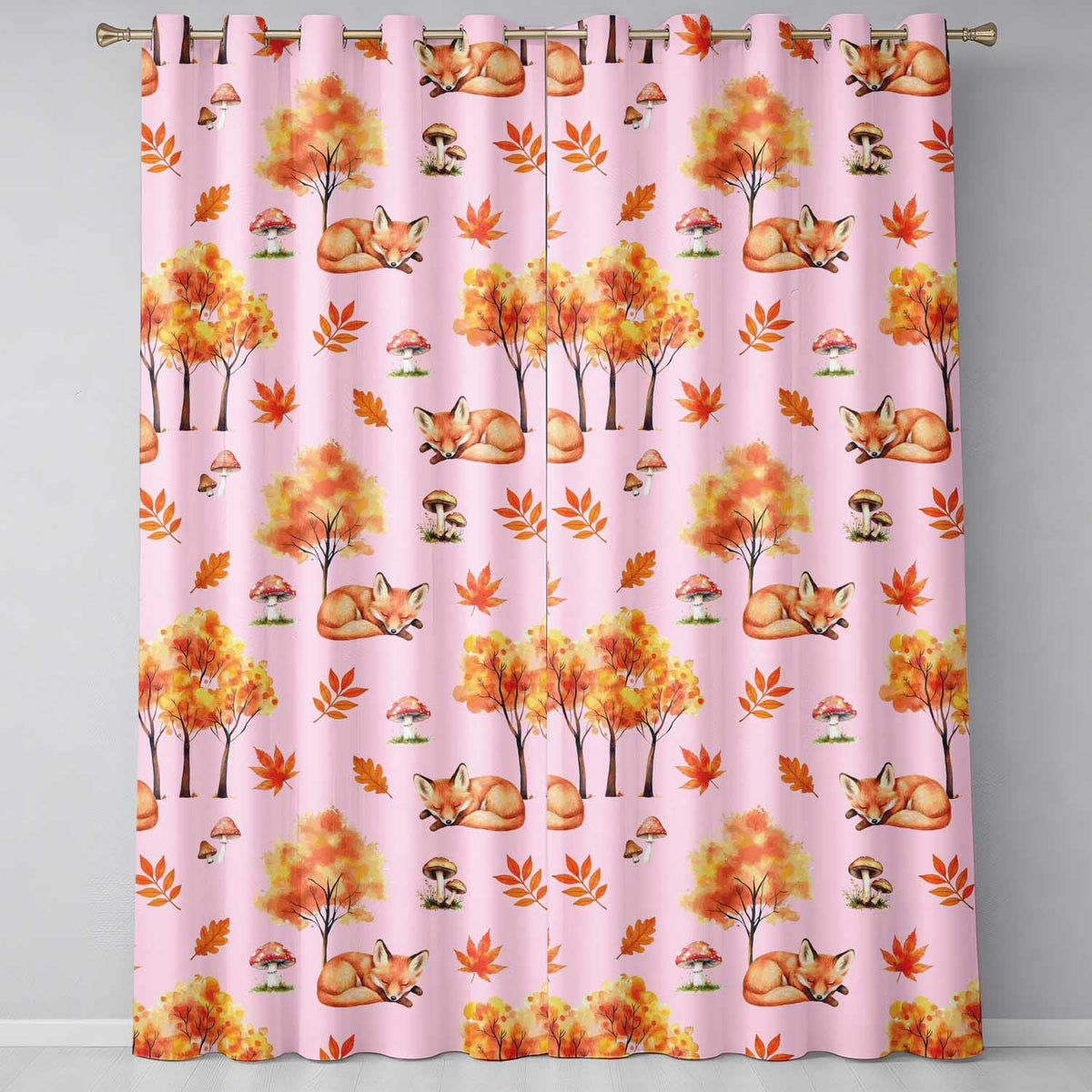 Cute Autumn Fox Leaves Mushrooms Watercolor Soft Pink Seamless Pattern  Readymade Eyelet Ring Top Thermal 100% Blackout Curtains