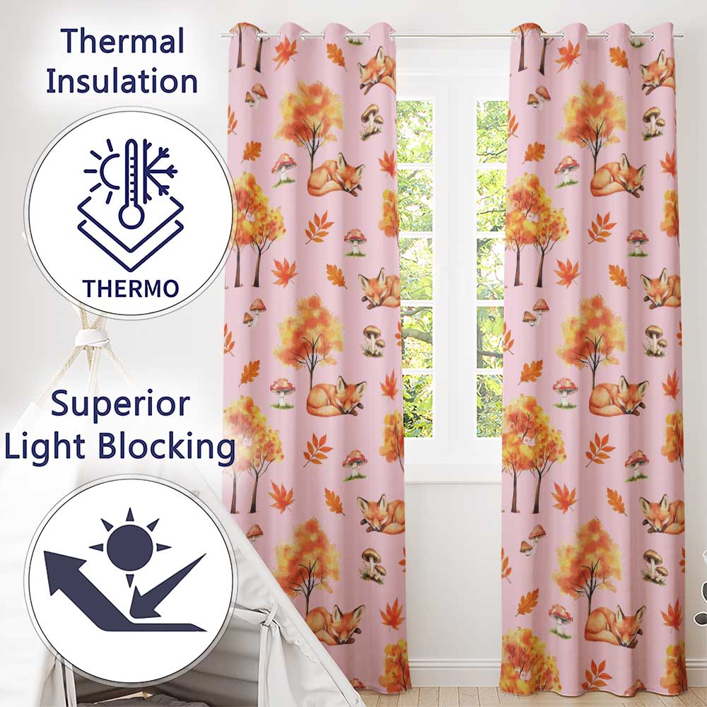 Cute Autumn Fox Leaves Mushrooms Watercolor Soft Pink Seamless Pattern  Readymade Eyelet Ring Top Thermal 100% Blackout Curtains