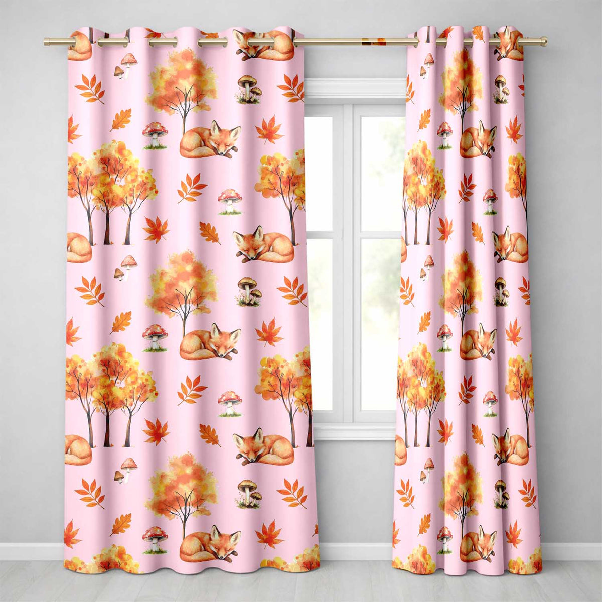 Cute Autumn Fox Leaves Mushrooms Watercolor Soft Pink Seamless Pattern  Readymade Eyelet Ring Top Thermal 100% Blackout Curtains