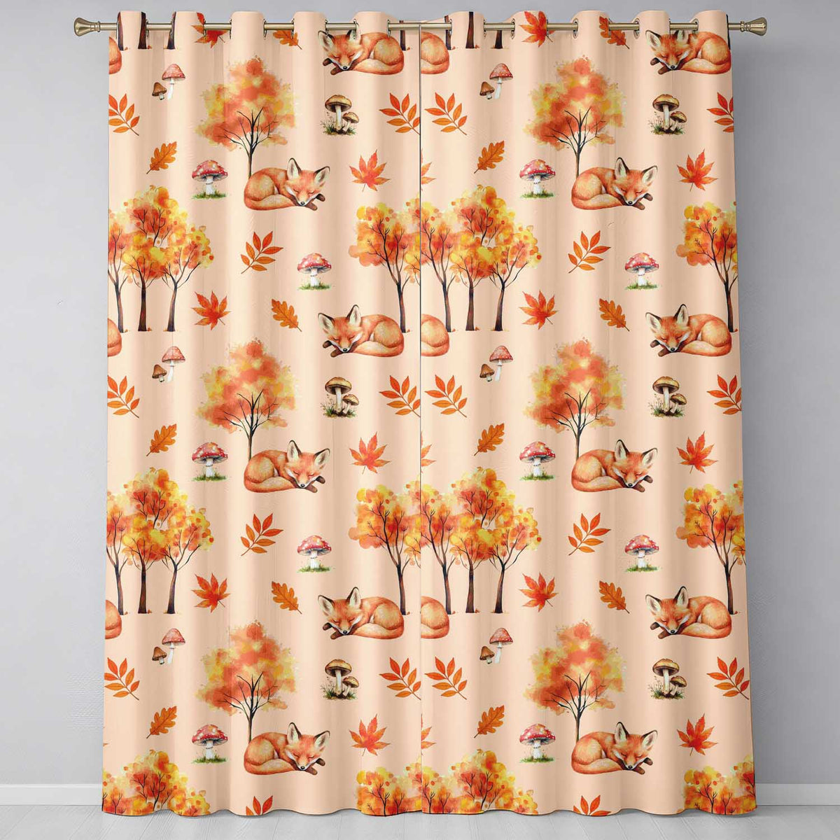Cute Autumn Fox Leaves Mushrooms Watercolor Warm Beige Seamless Pattern  Readymade Eyelet Ring Top Thermal 100% Blackout Curtains