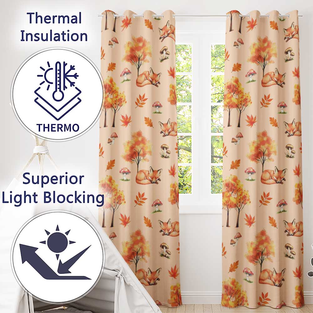 Cute Autumn Fox Leaves Mushrooms Watercolor Warm Beige Seamless Pattern  Readymade Eyelet Ring Top Thermal 100% Blackout Curtains
