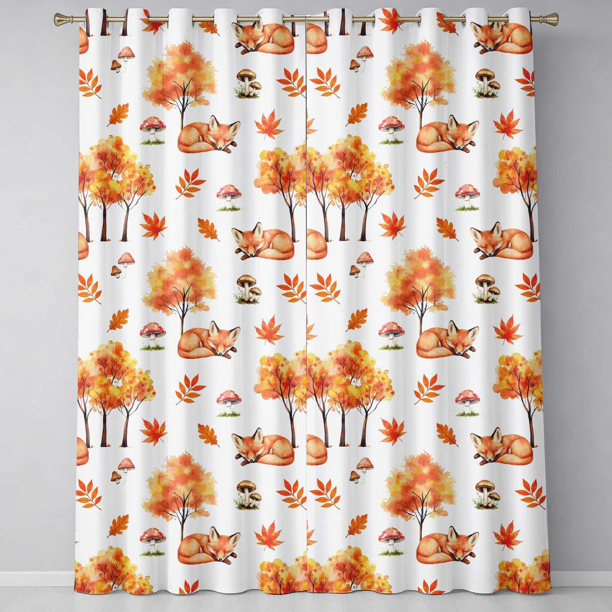 Cute Autumn Fox Leaves Mushrooms Watercolor Light Grey Seamless Pattern  Readymade Eyelet Ring Top Thermal 100% Blackout Curtains