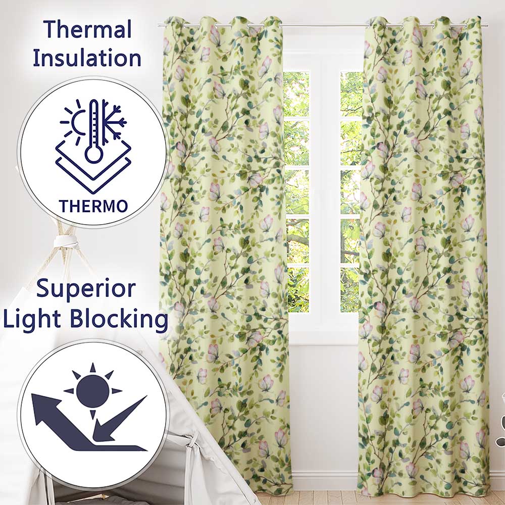 Elegant Watercolor Butterflies and Green Leaves on Soft Cream  Seamless Pattern  Readymade Eyelet Ring Top Thermal 100% Blackout Curtains