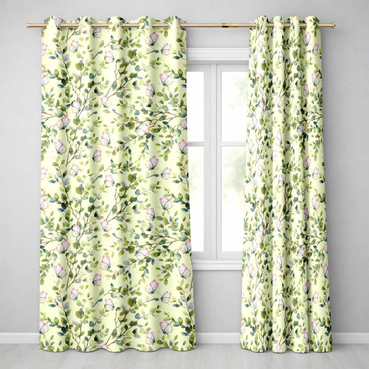 Elegant Watercolor Butterflies and Green Leaves on Soft Cream  Seamless Pattern  Readymade Eyelet Ring Top Thermal 100% Blackout Curtains