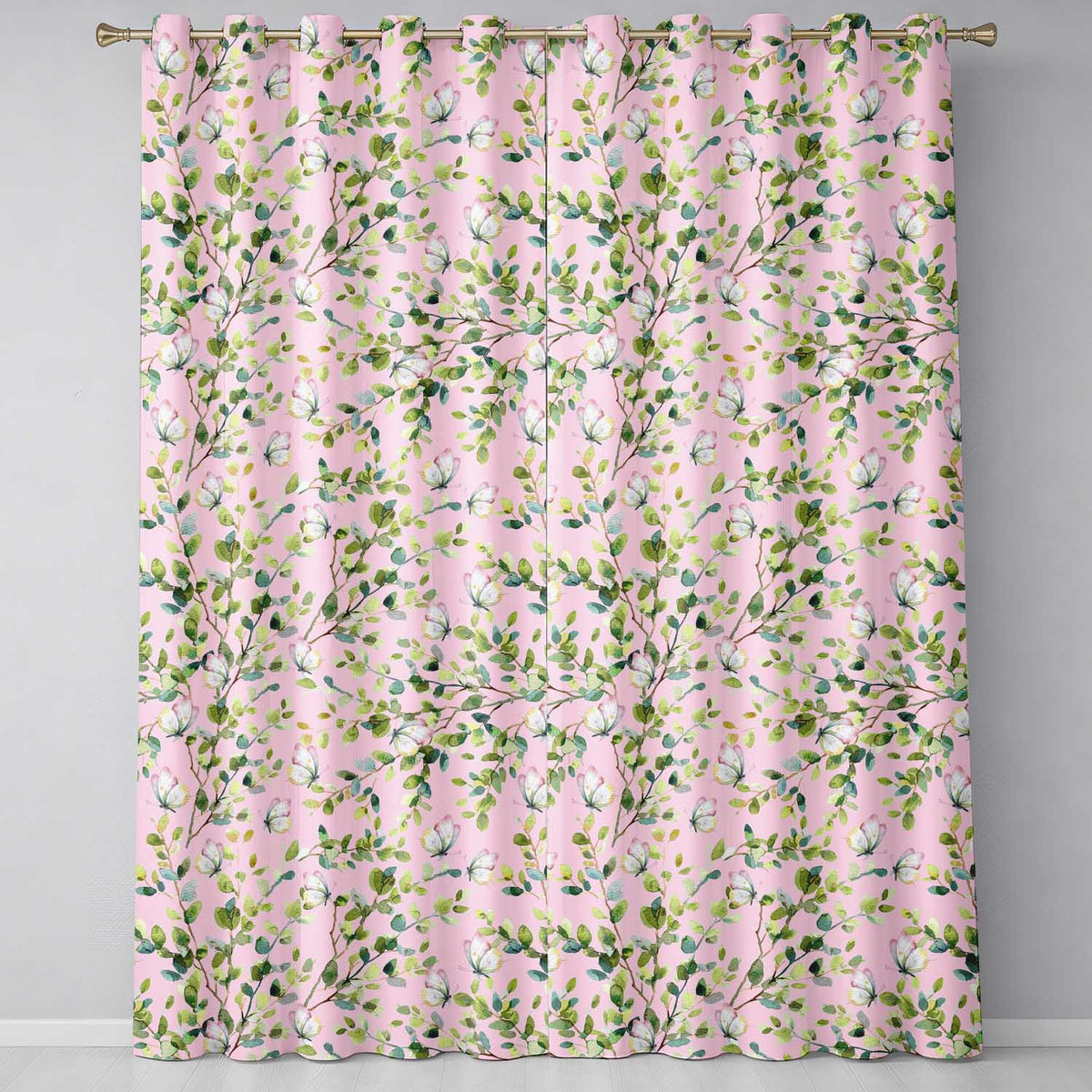 Elegant Watercolor Butterflies and Green Leaves on Dusty Pink  Seamless Pattern  Readymade Eyelet Ring Top Thermal 100% Blackout Curtains
