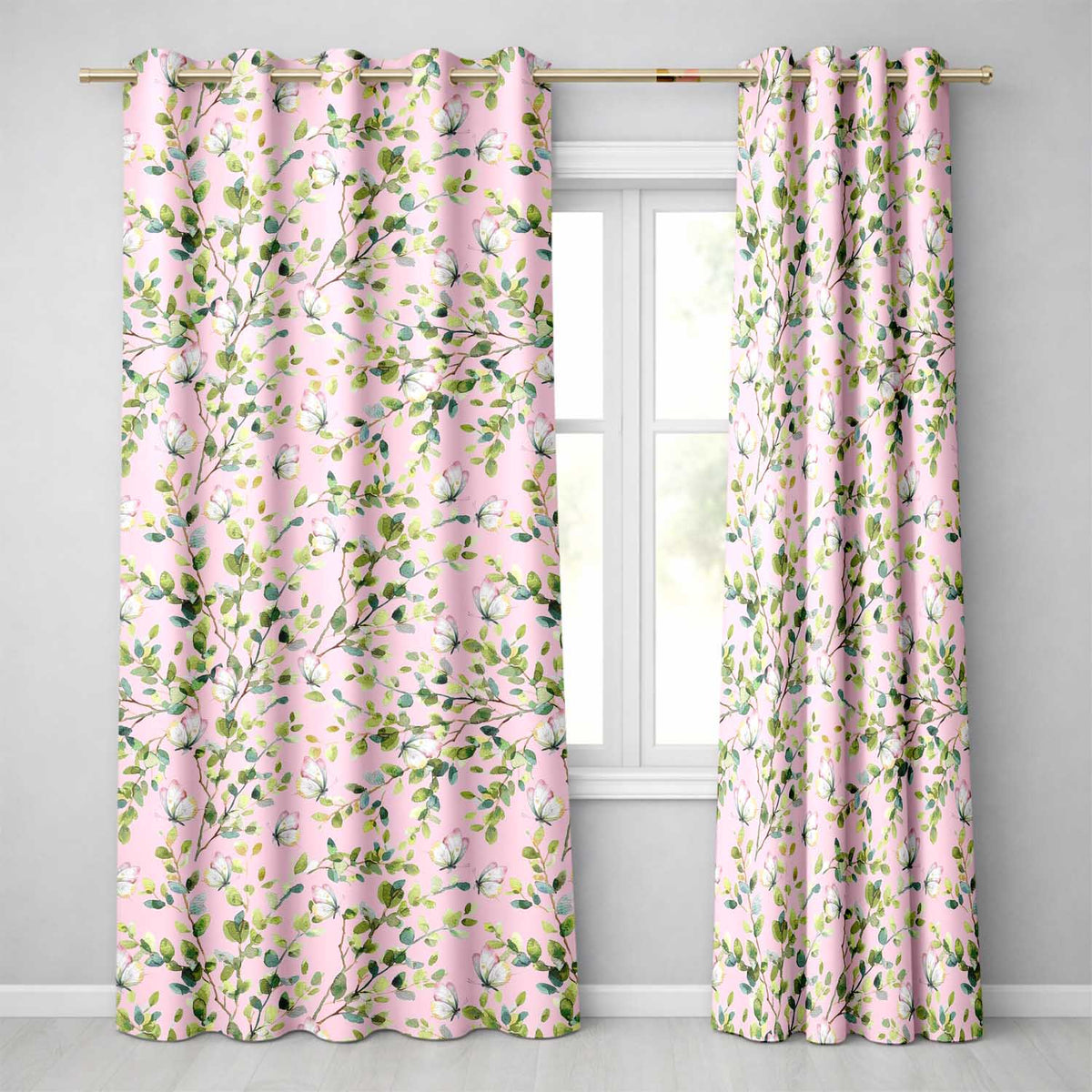 Elegant Watercolor Butterflies and Green Leaves on Dusty Pink  Seamless Pattern  Readymade Eyelet Ring Top Thermal 100% Blackout Curtains