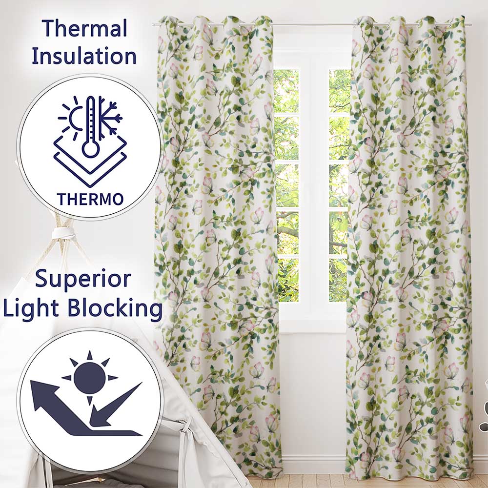 Watercolor Butterflies and Green Leaves on Grey Seamless Pattern  Readymade Eyelet Ring Top Thermal 100% Blackout Curtains