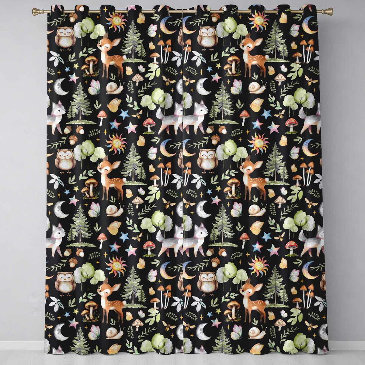 Cute Woodland Deer Owl Mushrooms and Stars on Black Background Seamless Pattern  Readymade Eyelet Ring Top Thermal 100% Blackout Curtains