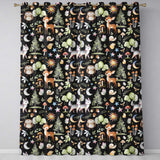 Cute Woodland Deer Owl Mushrooms and Stars on Black Background Seamless Pattern  Readymade Eyelet Ring Top Thermal 100% Blackout Curtains