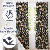 Cute Woodland Deer Owl Mushrooms and Stars on Black Background Seamless Pattern  Readymade Eyelet Ring Top Thermal 100% Blackout Curtains