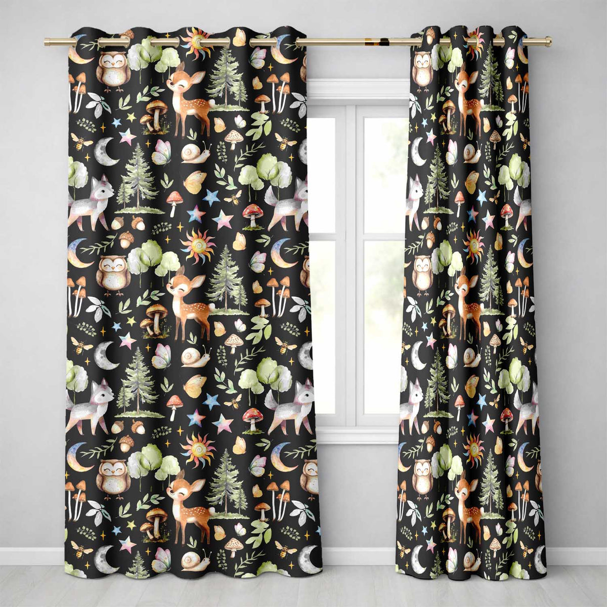 Cute Woodland Deer Owl Mushrooms and Stars on Black Background Seamless Pattern  Readymade Eyelet Ring Top Thermal 100% Blackout Curtains