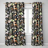 Cute Woodland Deer Owl Mushrooms and Stars on Black Background Seamless Pattern  Readymade Eyelet Ring Top Thermal 100% Blackout Curtains
