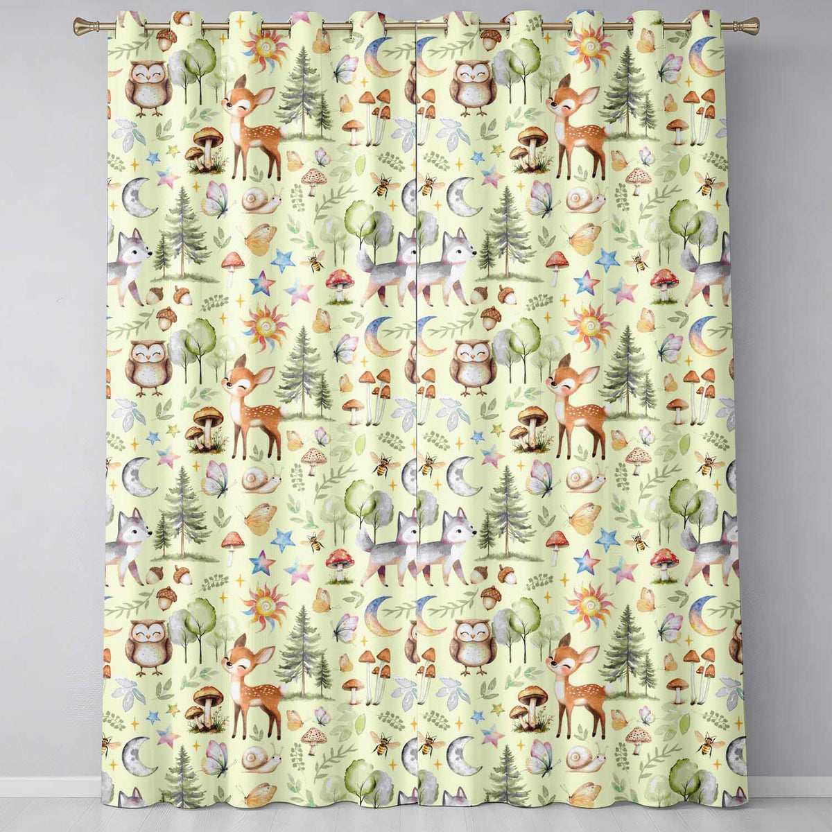 Cute Woodland Deer Owl Mushrooms and Stars on Cream Background Seamless Pattern  Readymade Eyelet Ring Top Thermal 100% Blackout Curtains