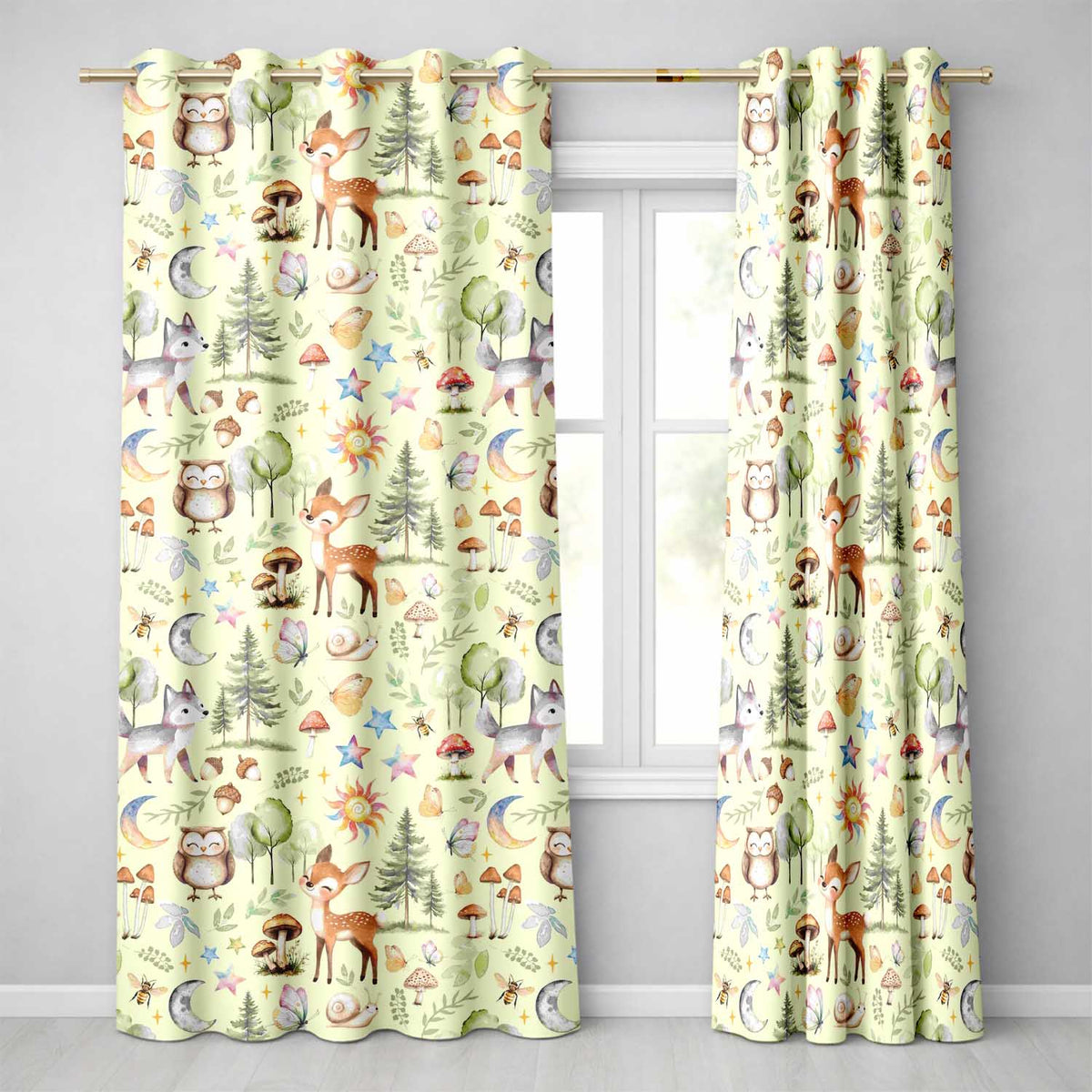 Cute Woodland Deer Owl Mushrooms and Stars on Cream Background Seamless Pattern  Readymade Eyelet Ring Top Thermal 100% Blackout Curtains