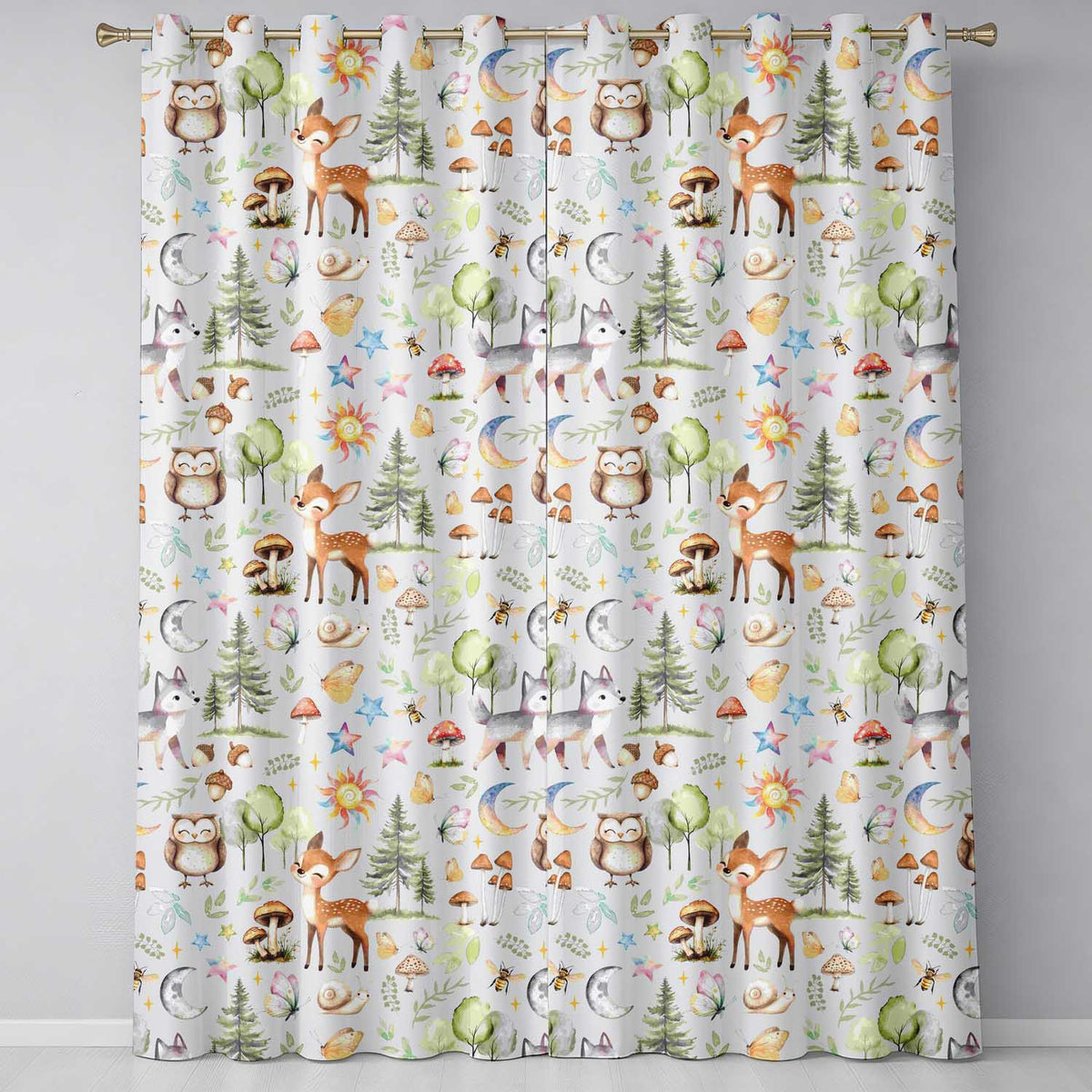 Woodland Deer Owl Mushrooms and Stars on Warm Neutral  Seamless Pattern  Readymade Eyelet Ring Top Thermal 100% Blackout Curtains