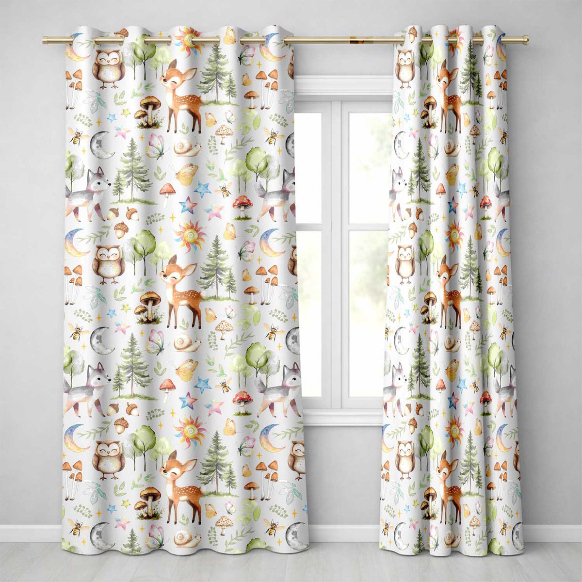 Woodland Deer Owl Mushrooms and Stars on Warm Neutral  Seamless Pattern  Readymade Eyelet Ring Top Thermal 100% Blackout Curtains