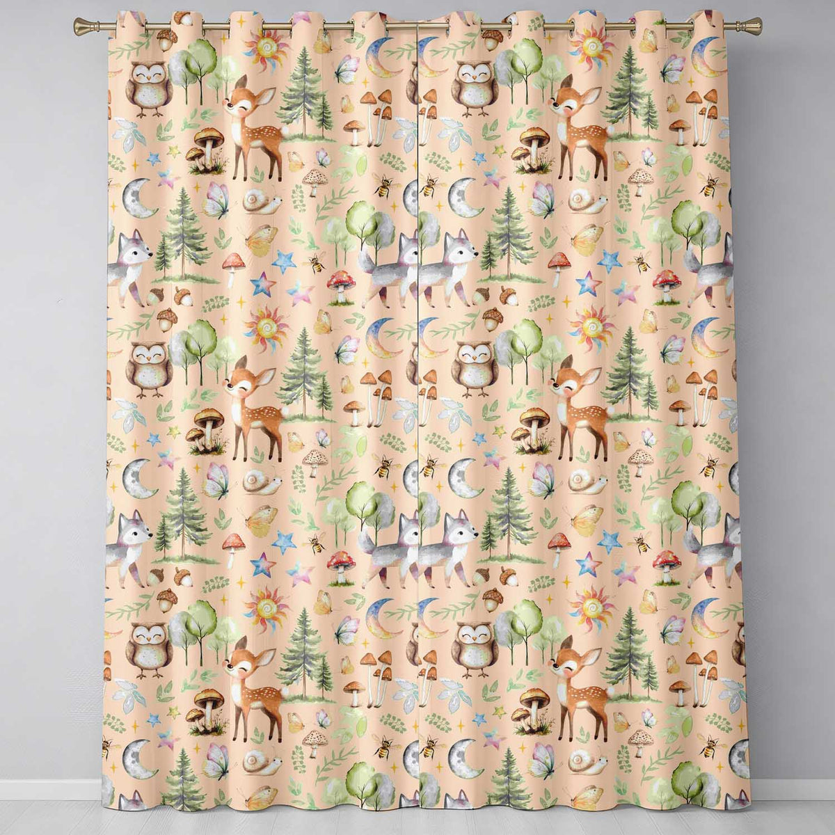 Woodland Deer Owl Mushrooms and Stars on Peach  Seamless Pattern  Readymade Eyelet Ring Top Thermal 100% Blackout Curtains
