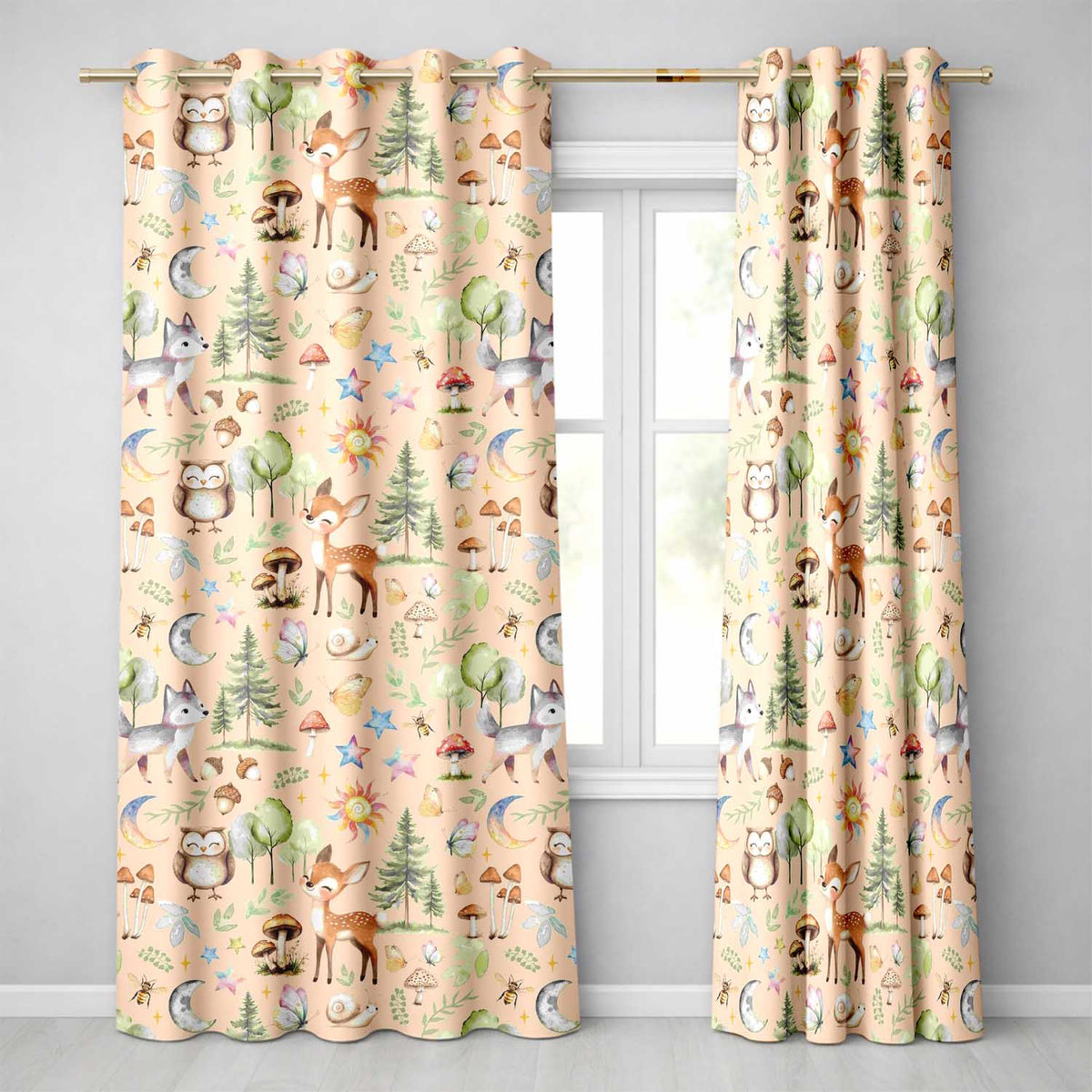 Woodland Deer Owl Mushrooms and Stars on Peach  Seamless Pattern  Readymade Eyelet Ring Top Thermal 100% Blackout Curtains