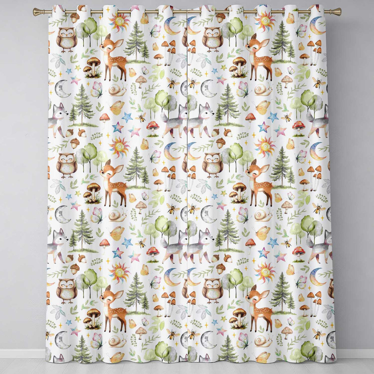 Woodland Deer Owl Mushrooms Stars Seamless Pattern  Readymade Eyelet Ring Top Thermal 100% Blackout Curtains