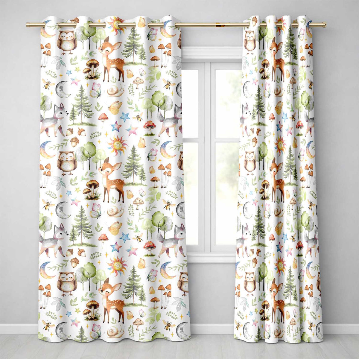 Woodland Deer Owl Mushrooms Stars Seamless Pattern  Readymade Eyelet Ring Top Thermal 100% Blackout Curtains