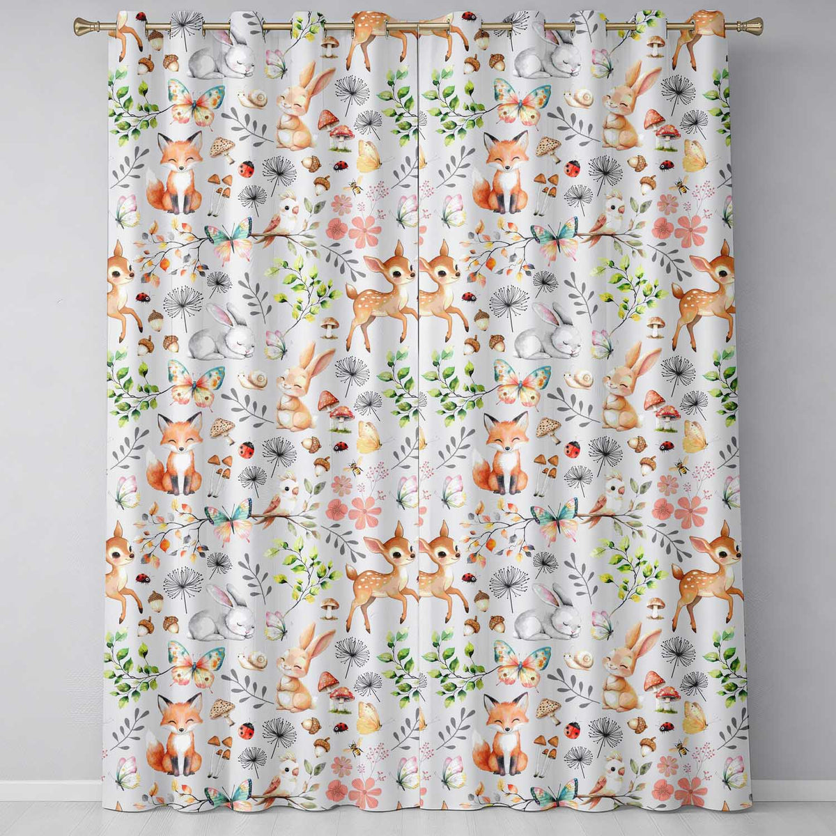 Woodland Animals Rabbit Fox Butterfly Leaves on Grey Seamless Pattern  Readymade Eyelet Ring Top Thermal 100% Blackout Curtains