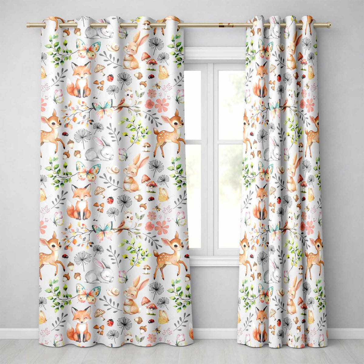 Woodland Animals Rabbit Fox Butterfly Leaves on Grey Seamless Pattern  Readymade Eyelet Ring Top Thermal 100% Blackout Curtains