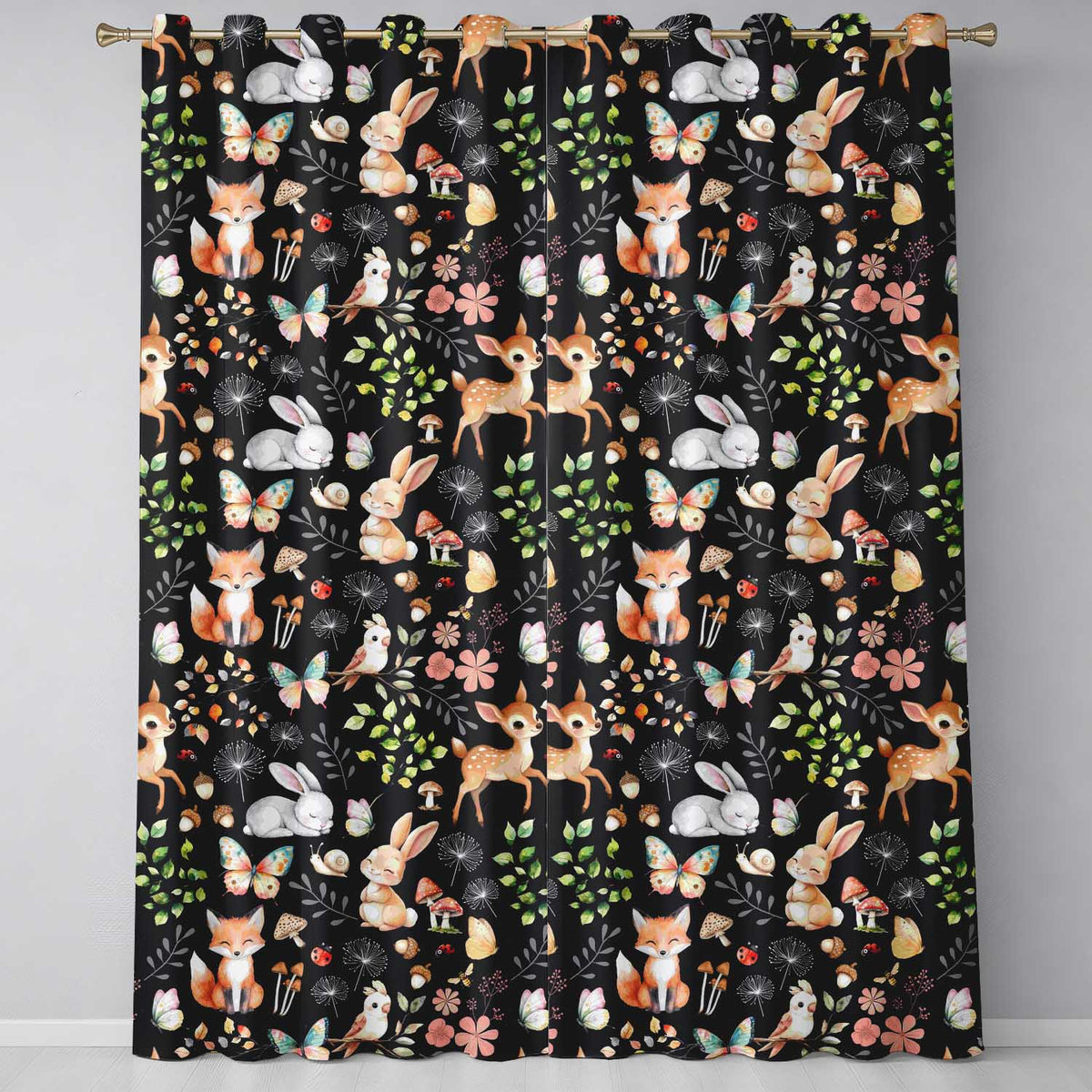 Woodland Animal Rabbit Fox Butterfly Floral Elements on Black Seamless Pattern  Readymade Eyelet Ring Top Thermal 100% Blackout Curtains