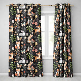 Woodland Animal Rabbit Fox Butterfly Floral Elements on Black Seamless Pattern  Readymade Eyelet Ring Top Thermal 100% Blackout Curtains