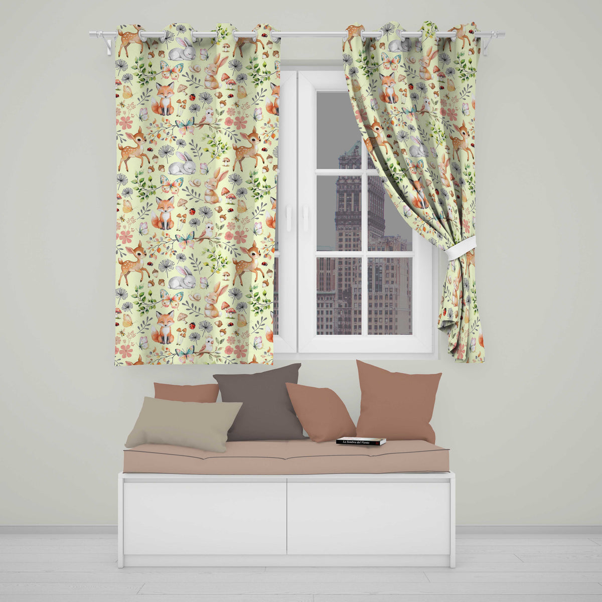 Animals Rabbit Fox Butterfly Floral Elements on Soft Beige  Seamless Pattern  Readymade Eyelet Ring Top Thermal 100% Blackout Curtains
