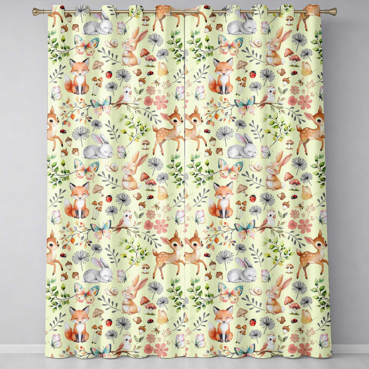 Animals Rabbit Fox Butterfly Floral Elements on Soft Beige  Seamless Pattern  Readymade Eyelet Ring Top Thermal 100% Blackout Curtains