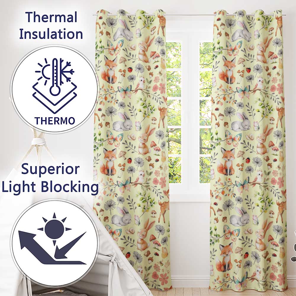 Animals Rabbit Fox Butterfly Floral Elements on Soft Beige  Seamless Pattern  Readymade Eyelet Ring Top Thermal 100% Blackout Curtains