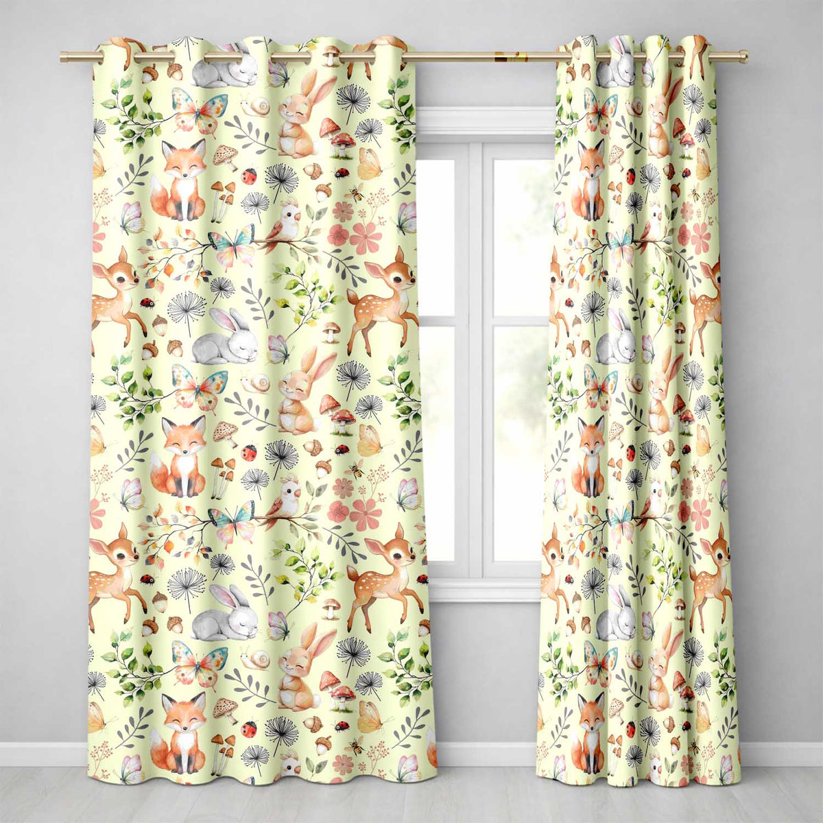 Animals Rabbit Fox Butterfly Floral Elements on Soft Beige  Seamless Pattern  Readymade Eyelet Ring Top Thermal 100% Blackout Curtains