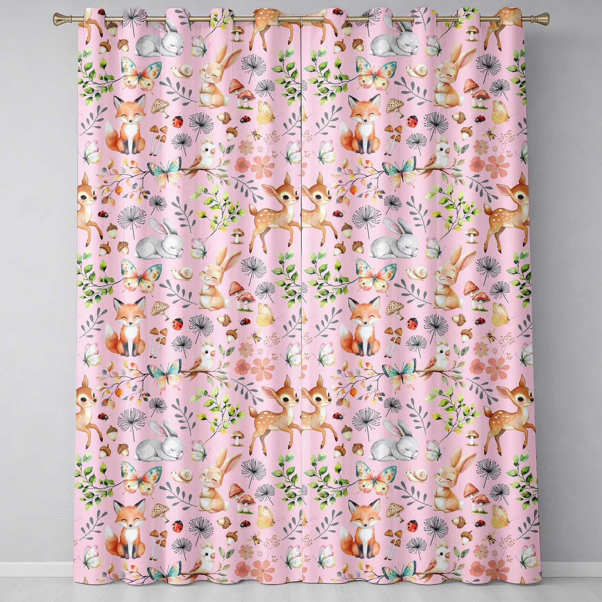 Animals Rabbit Fox Butterfly Floral Elements on Blush Pink  Seamless Pattern  Readymade Eyelet Ring Top Thermal 100% Blackout Curtains