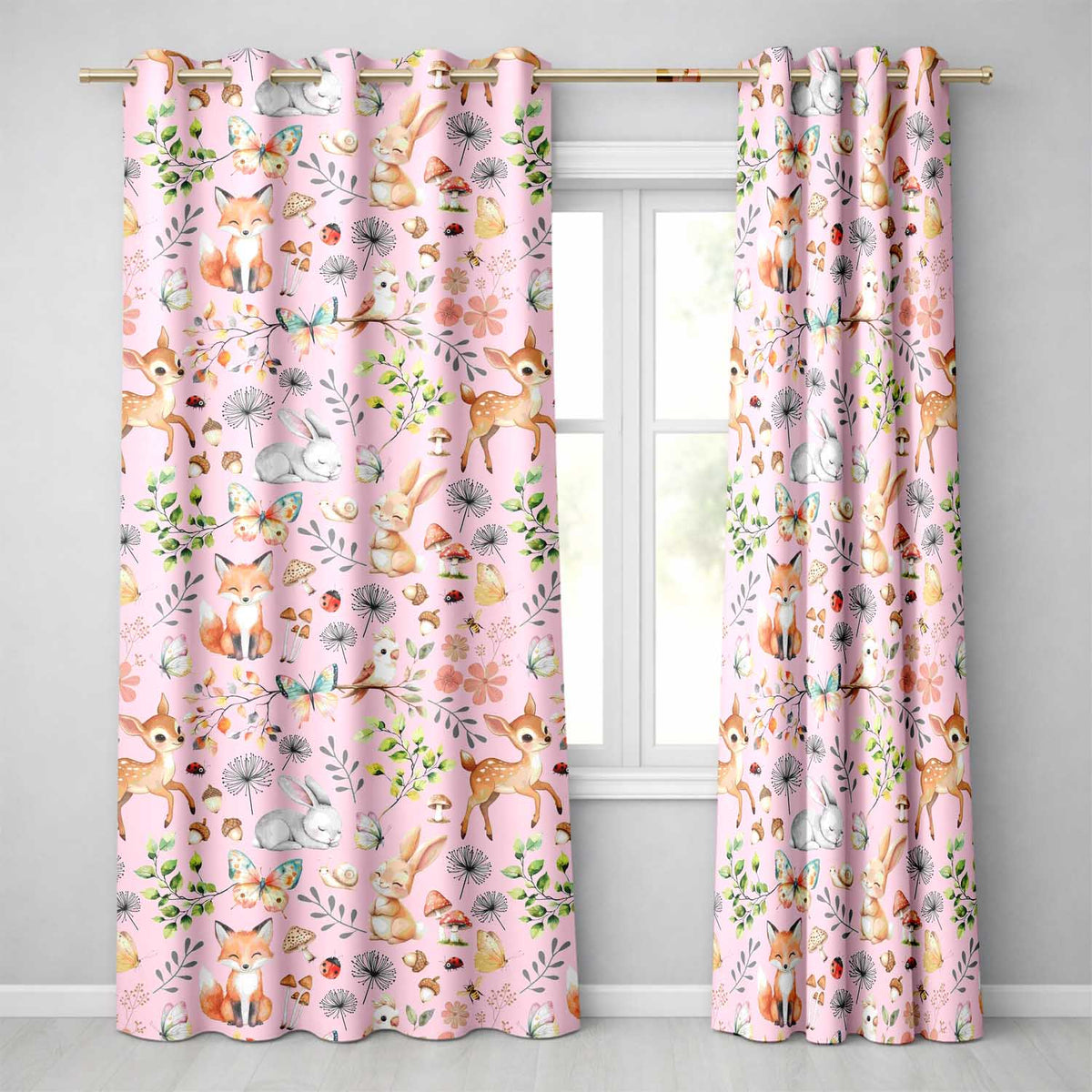 Animals Rabbit Fox Butterfly Floral Elements on Blush Pink  Seamless Pattern  Readymade Eyelet Ring Top Thermal 100% Blackout Curtains