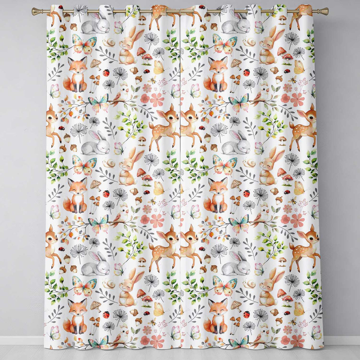 Animals Rabbit Fox Butterfly Floral Elements on Pale Grey  Seamless Pattern  Readymade Eyelet Ring Top Thermal 100% Blackout Curtains