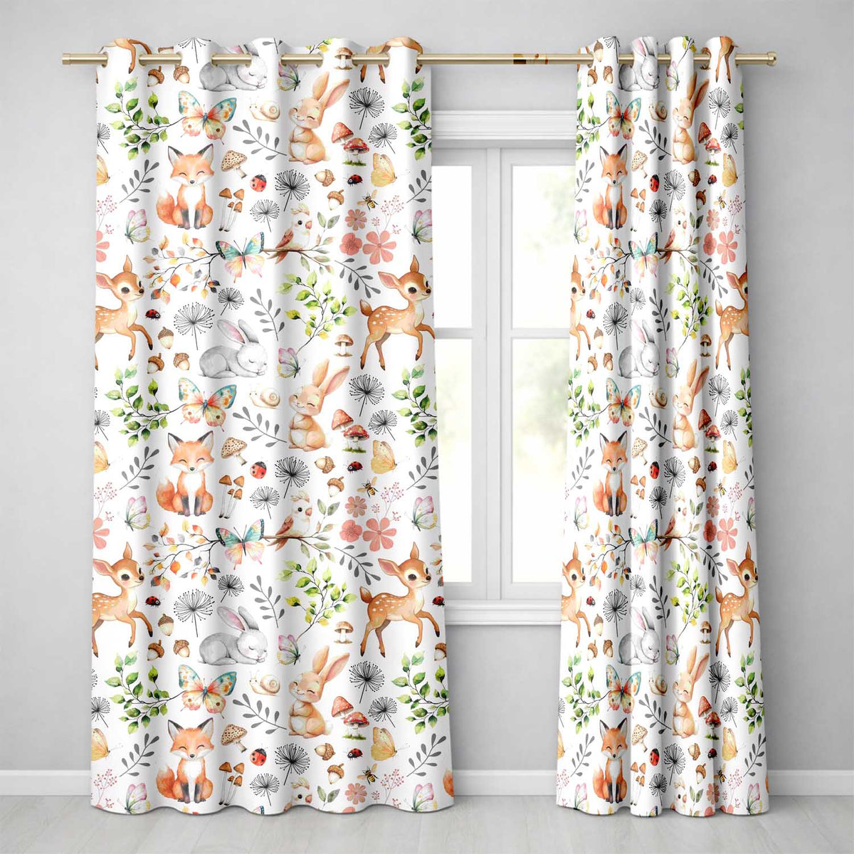 Animals Rabbit Fox Butterfly Floral Elements on Pale Grey  Seamless Pattern  Readymade Eyelet Ring Top Thermal 100% Blackout Curtains