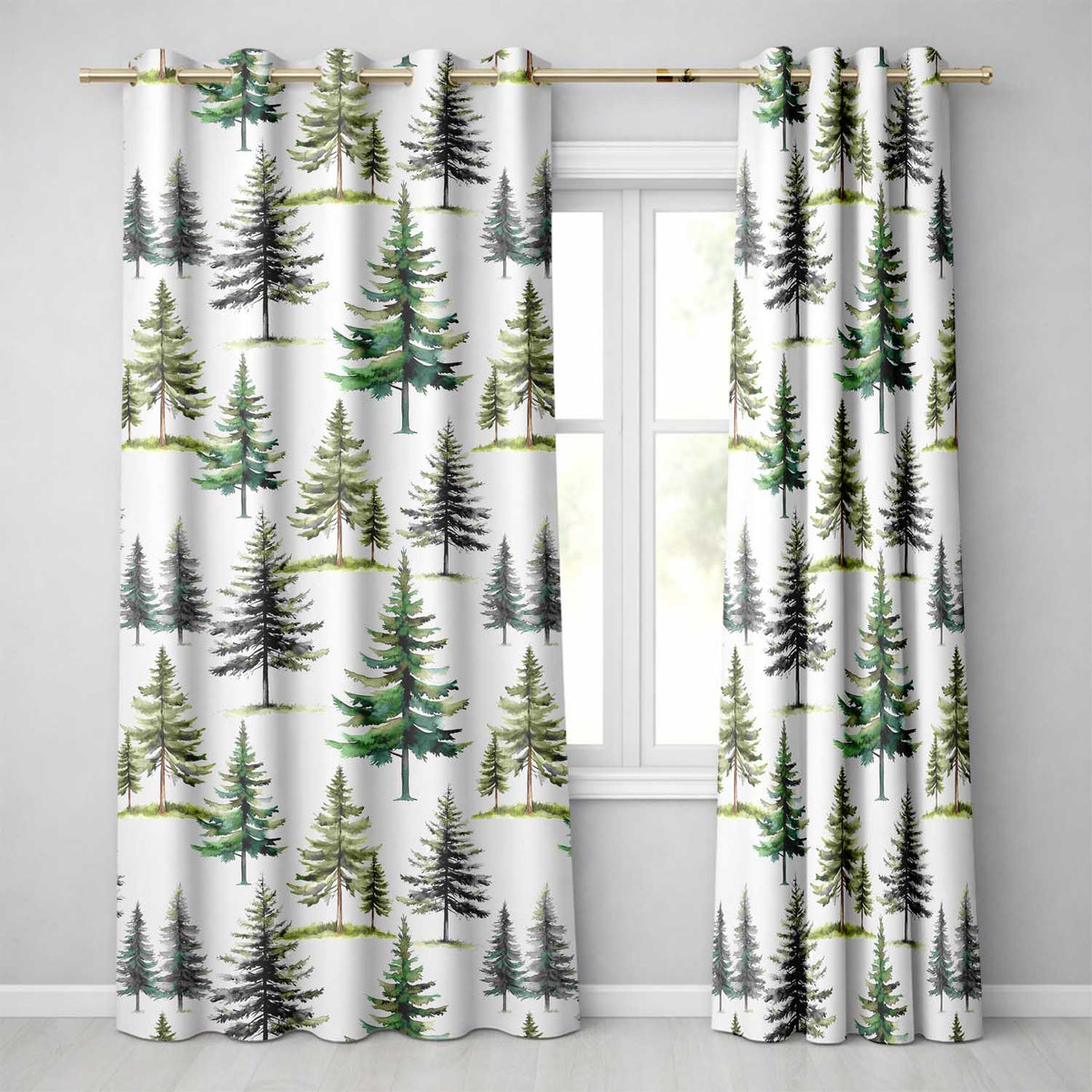 Pine Tree Forest Evergreen Woodland Nature on Soft Blue  Seamless Pattern  Readymade Eyelet Ring Top Thermal 100% Blackout Curtains