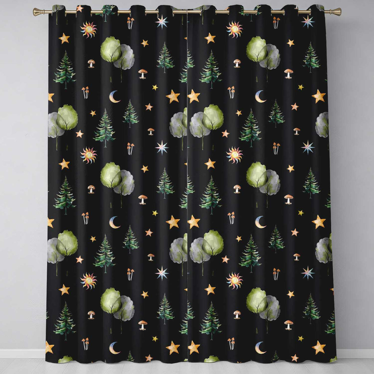 Watercolor Forest Trees Mushrooms Sun Moon Stars Seamless Pattern  Readymade Eyelet Ring Top Thermal 100% Blackout Curtains