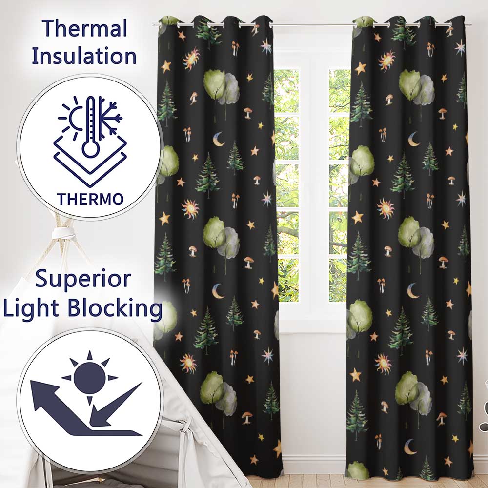 Watercolor Forest Trees Mushrooms Sun Moon Stars Seamless Pattern  Readymade Eyelet Ring Top Thermal 100% Blackout Curtains