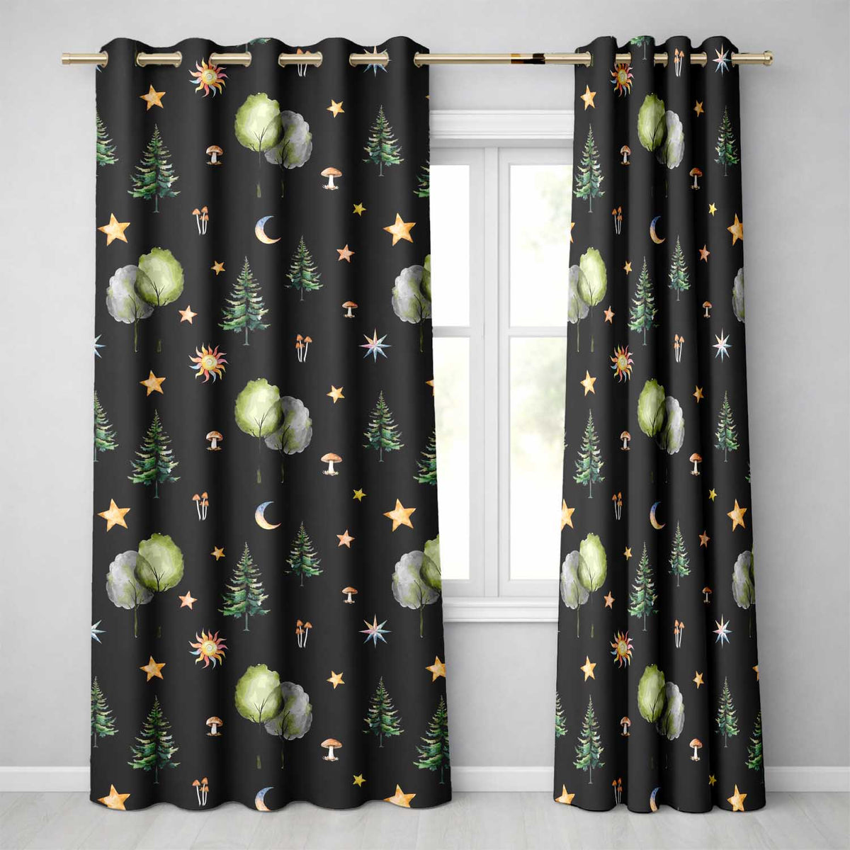 Watercolor Forest Trees Mushrooms Sun Moon Stars Seamless Pattern  Readymade Eyelet Ring Top Thermal 100% Blackout Curtains