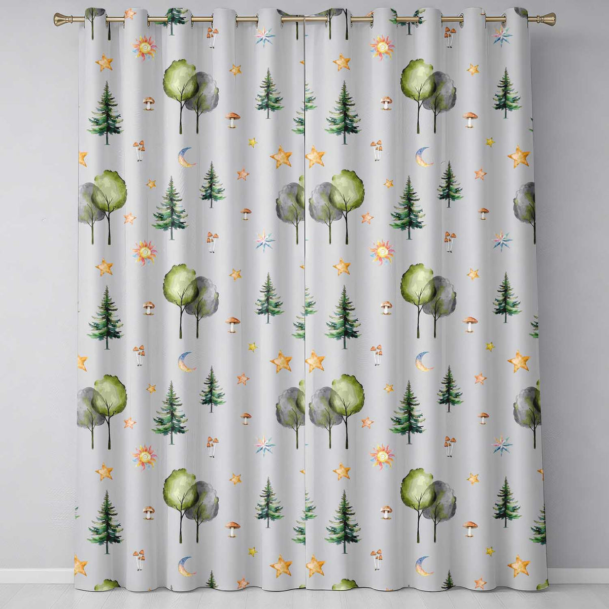 Watercolor Forest Trees Mushrooms Sun Moon Stars on Soft Grey Seamless Pattern  Readymade Eyelet Ring Top Thermal 100% Blackout Curtains
