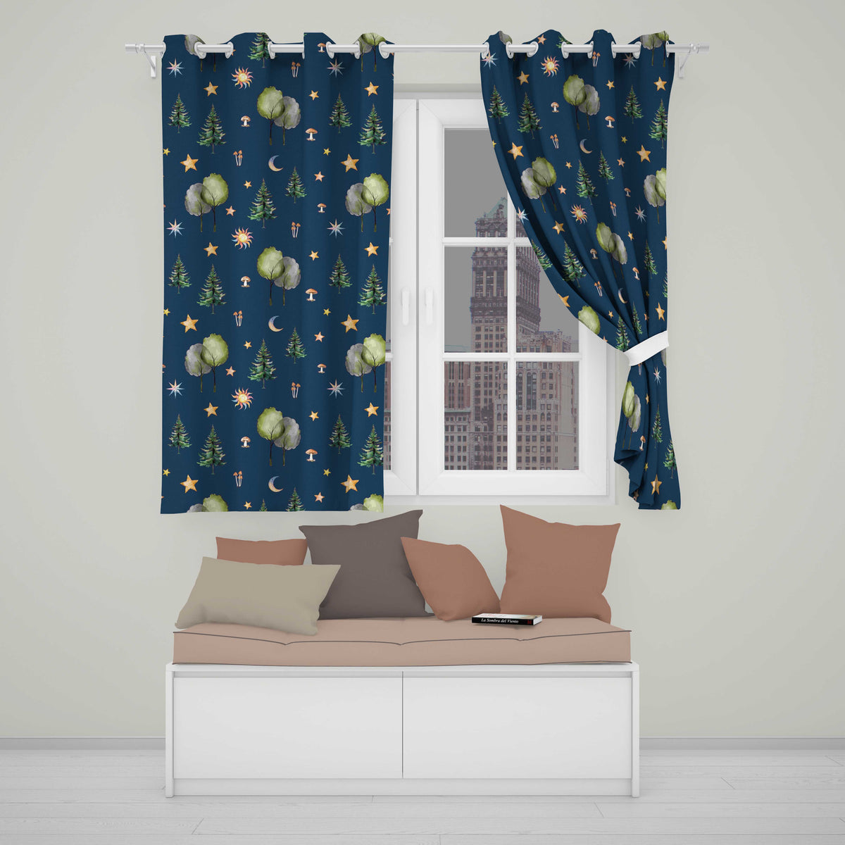 Watercolor Forest Trees Mushrooms Sun Moon Stars on Dark Blue Seamless Pattern  Readymade Eyelet Ring Top Thermal 100% Blackout Curtains