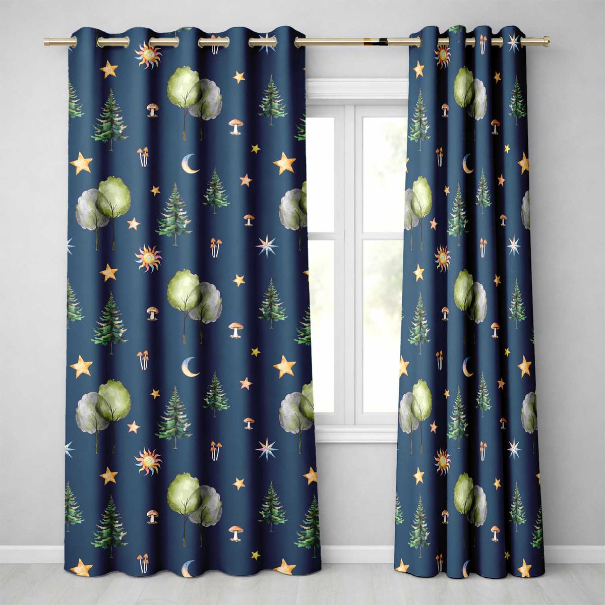 Watercolor Forest Trees Mushrooms Sun Moon Stars on Dark Blue Seamless Pattern  Readymade Eyelet Ring Top Thermal 100% Blackout Curtains