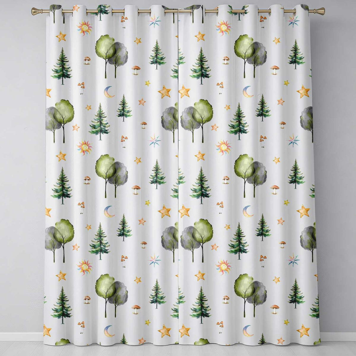 Watercolor Forest Trees Mushrooms Sun Moon Stars on Grey Seamless Pattern  Readymade Eyelet Ring Top Thermal 100% Blackout Curtains