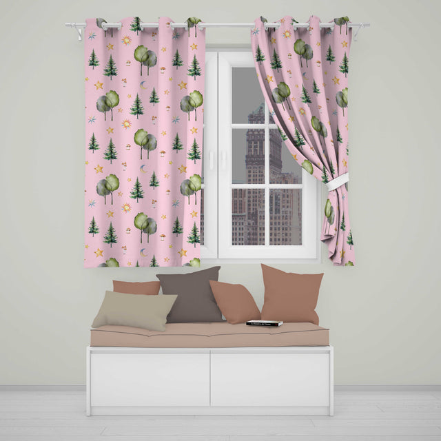 Watercolor Forest Trees Mushrooms Sun Moon Stars on Blush Pink Seamless Pattern  Readymade Eyelet Ring Top Thermal 100% Blackout Curtains