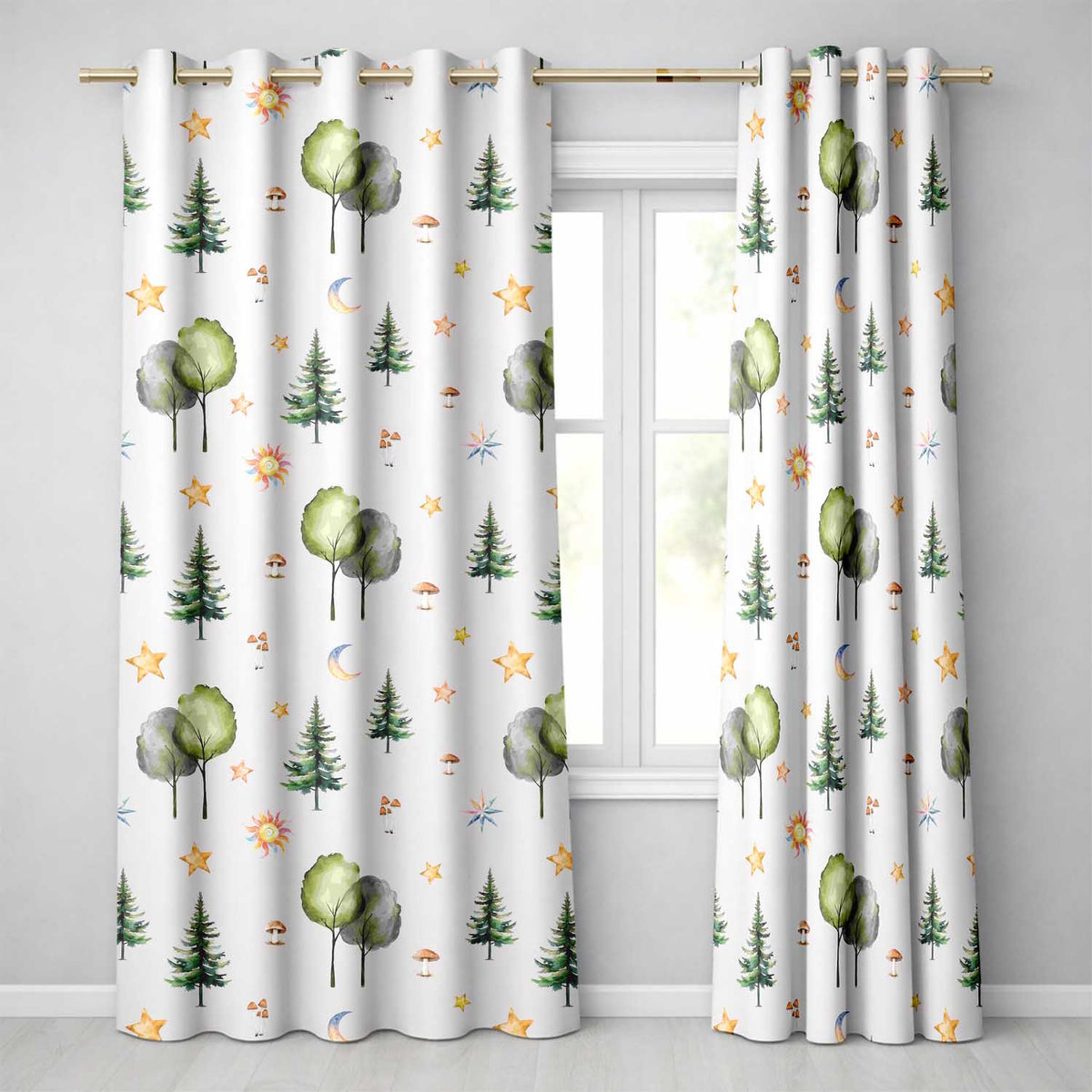 Watercolor Forest Trees Mushrooms Sun Moon Stars on Soft Lilac Seamless Pattern  Readymade Eyelet Ring Top Thermal 100% Blackout Curtains