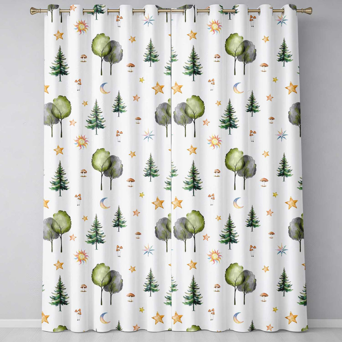 Watercolor Forest Trees Mushrooms Sun Moon Stars on Light Grey Seamless Pattern  Readymade Eyelet Ring Top Thermal 100% Blackout Curtains
